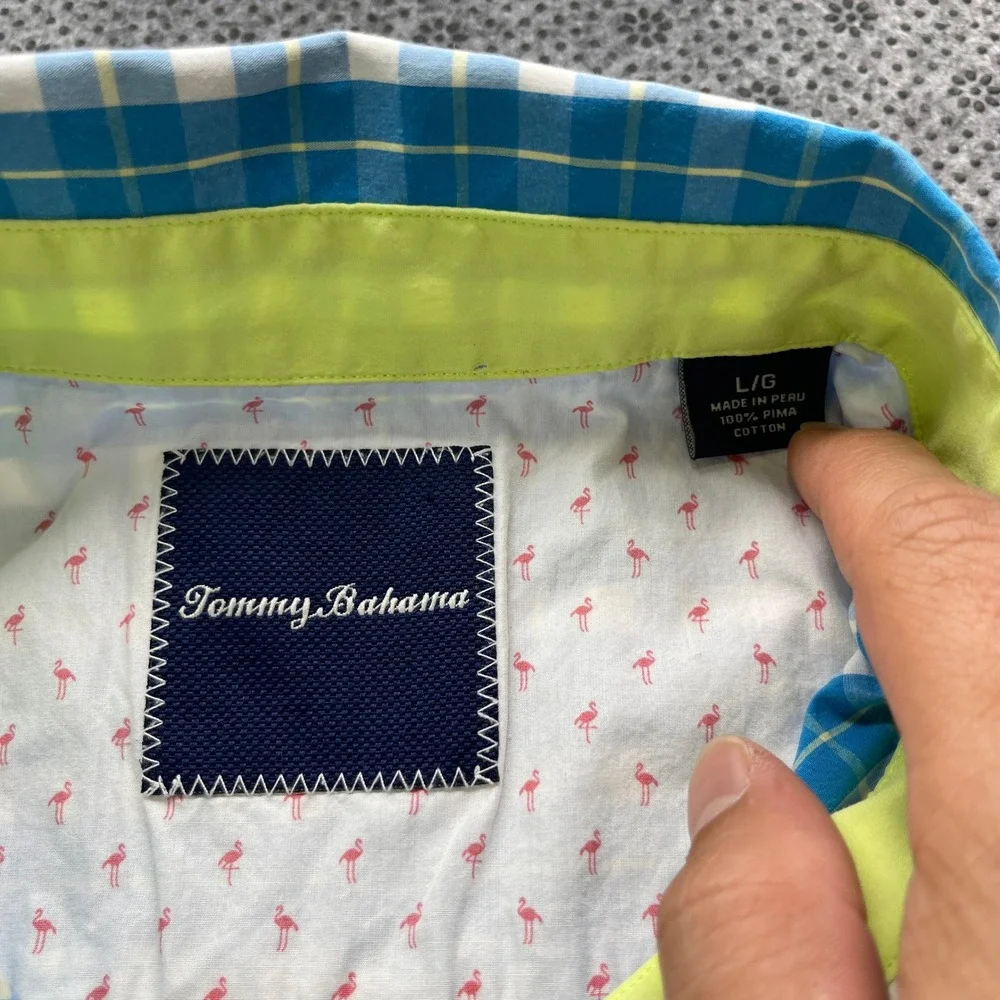 Tommy Bahama Mens Blue Gingham Pima Cotton Long Sleeve Button Down Shirt Large